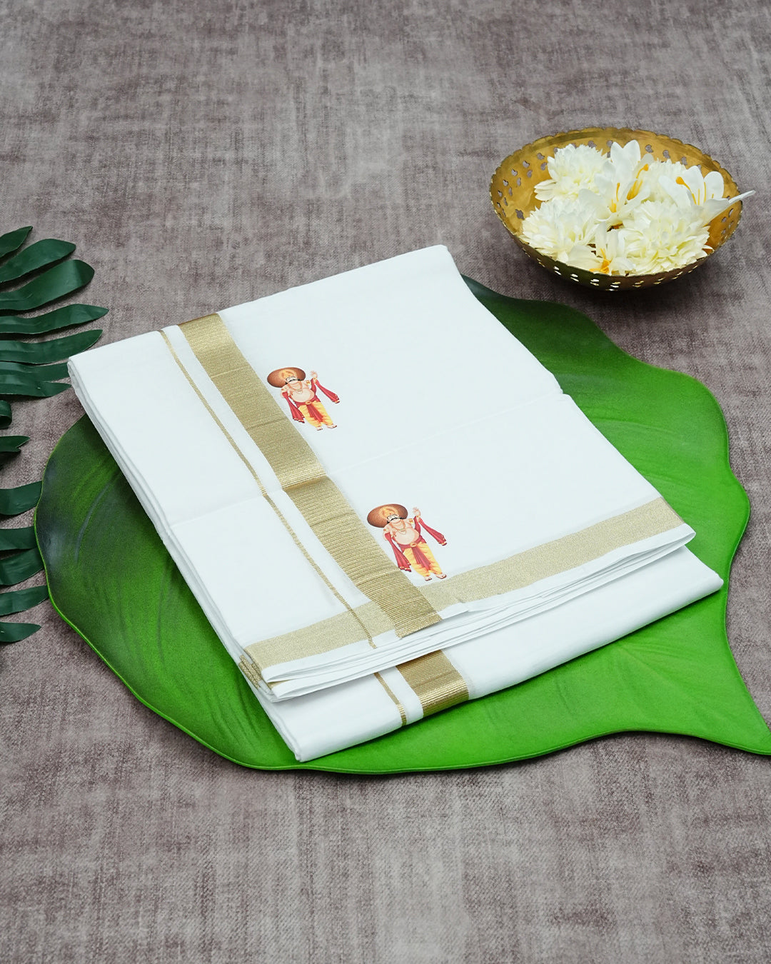 Cream Coloured Cotton Double Dhoti Finished with Maveli Prints & Gold Kara