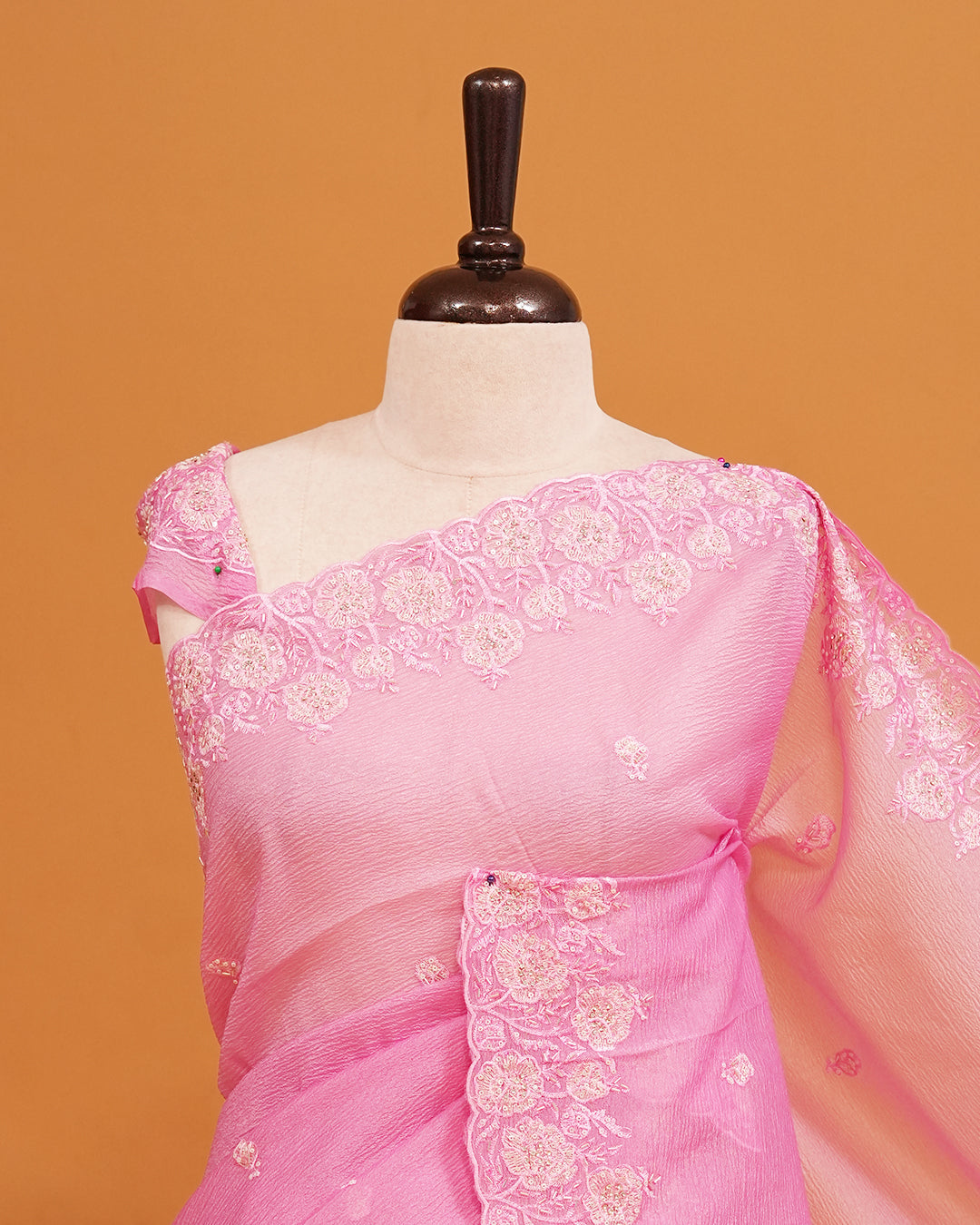 Pastel Pink colour Crush organza saree with Cut Beats & Sequins.