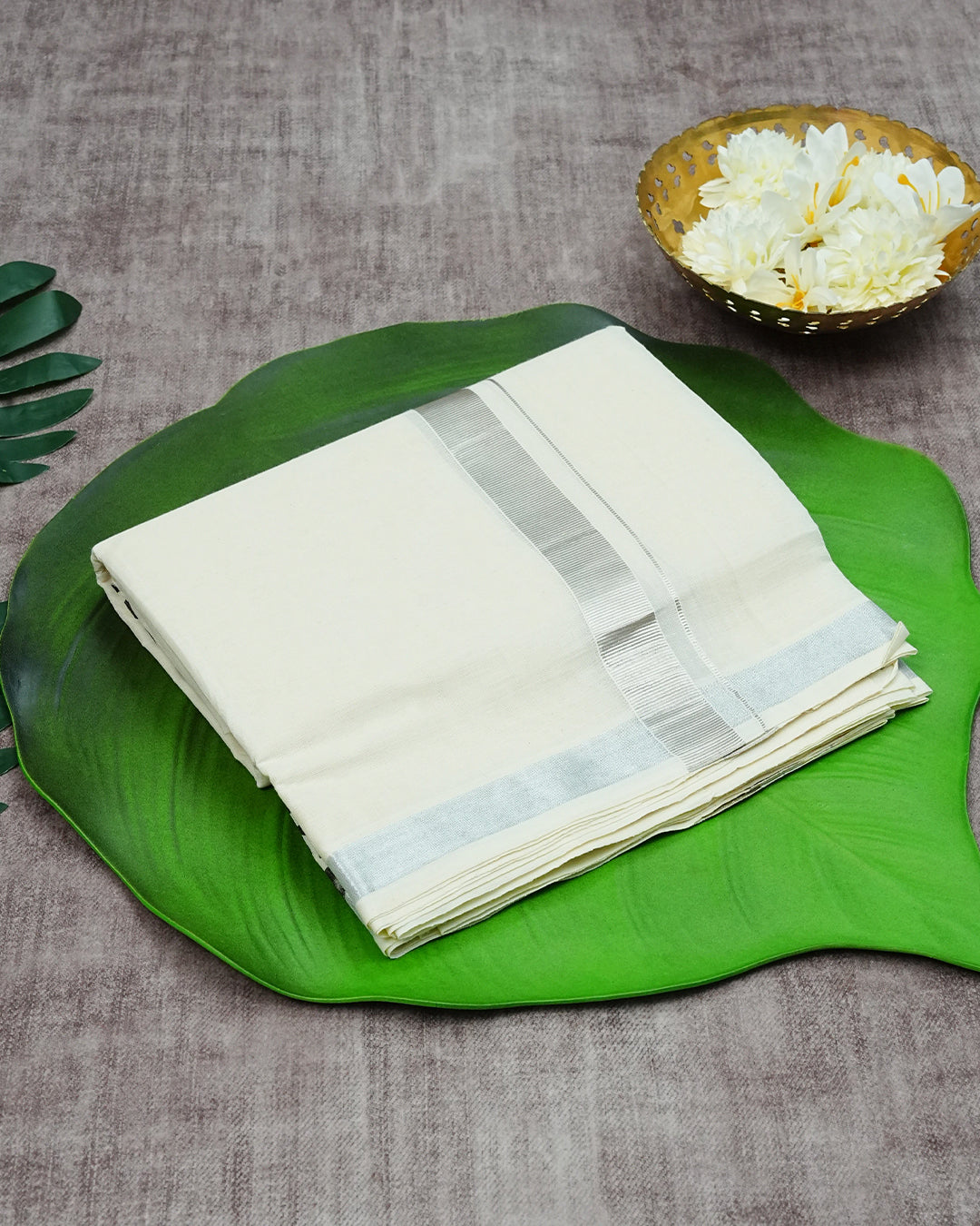 Cream-Coloured Cotton Double Dhoti Finished Silver Kara