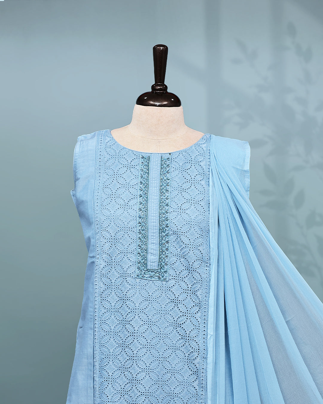 Light Blue colour Salwar set comes top with thread work on body, paired with matching bottom and dupatta.