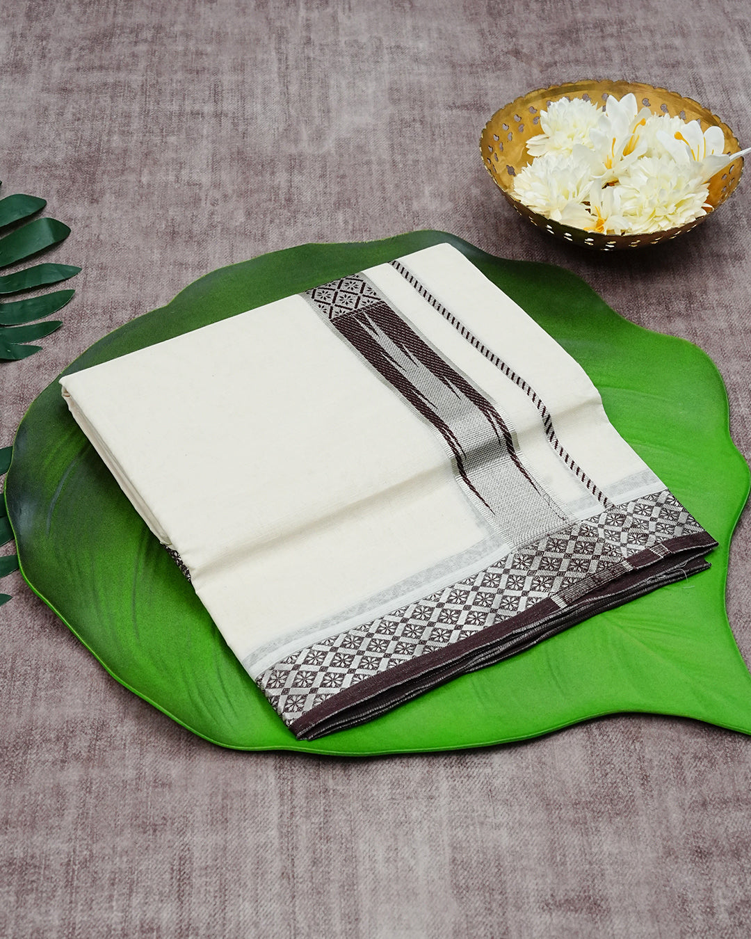 Cream Coloured Cotton Double Dhoti Finished with Brown Designed Silver Kara