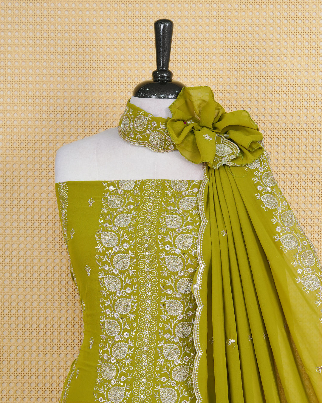 Avocado Green colour Georgette Salwar Material Featuring Gold Thread Mirorr Work on body, paired with matching Bottom & Elegant Dupatta.