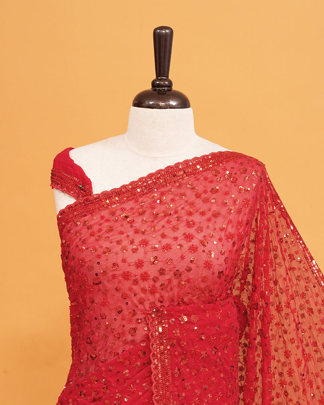Red colour Organza saree with Cut Beats & Sequins