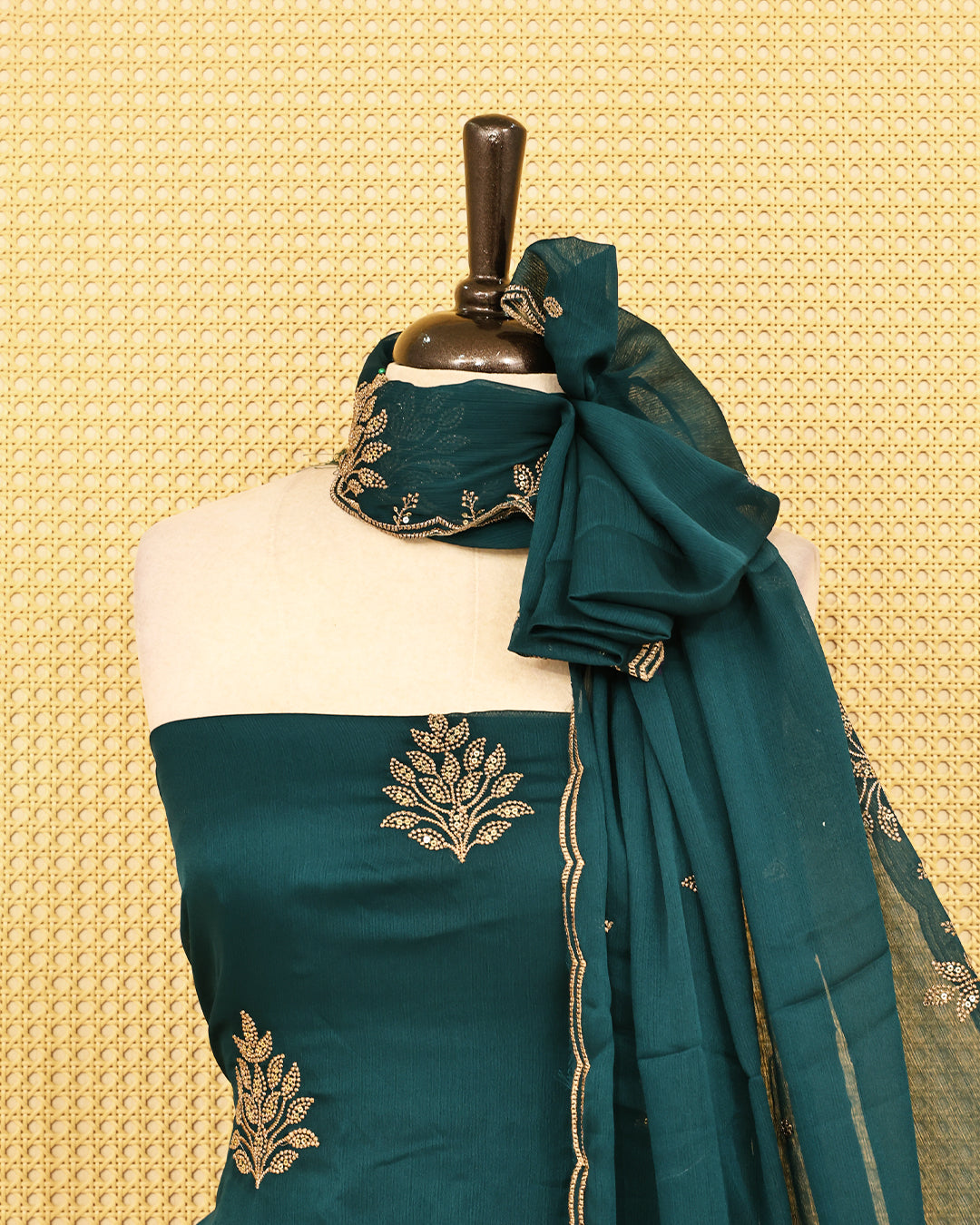 Teal colour salwar material featuring Thread with Sequin work on body, paired with matching bottom & dupatta.