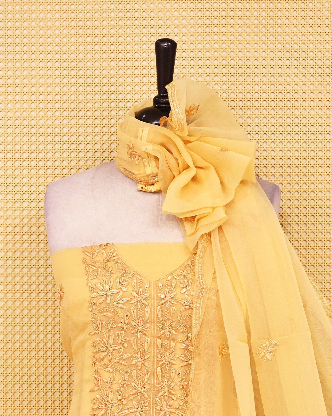 Pastel Yellow colour Crush organza salwar material featuring thread work on body, paired with Matching bottom & dupatta.