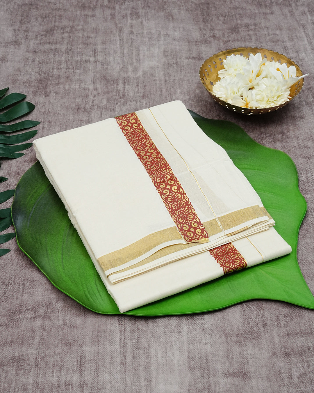 Cream Coloured Cotton Double Dhoti with Maroon Design Print On Gold Kara