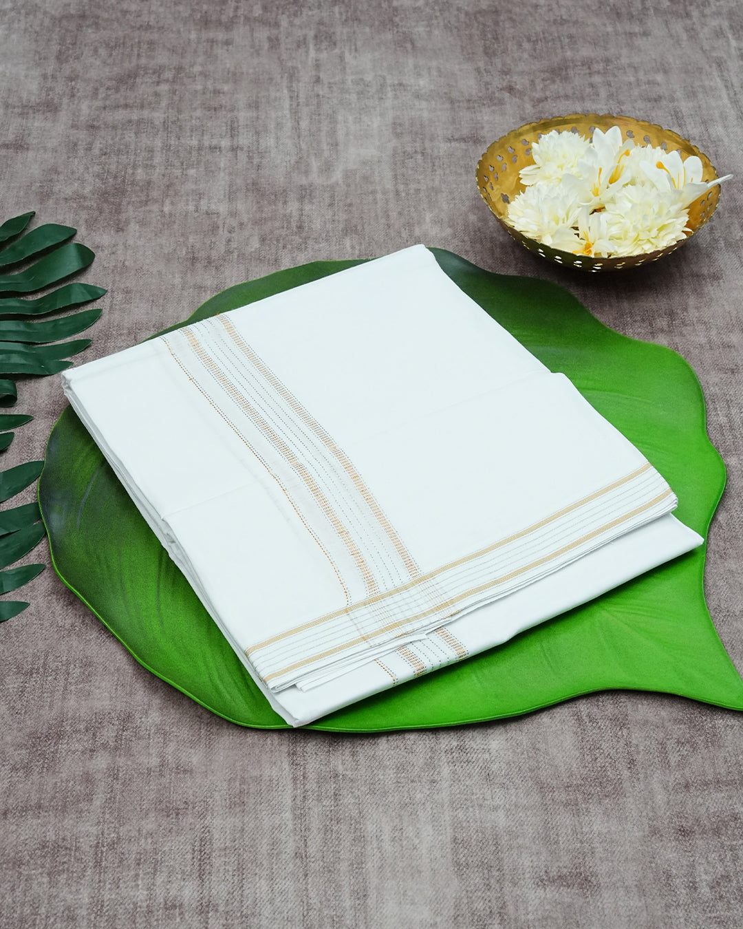 Off White Coloured Cotton Double Dhoti Finished with Classic Dotted Silver & Gold Kara