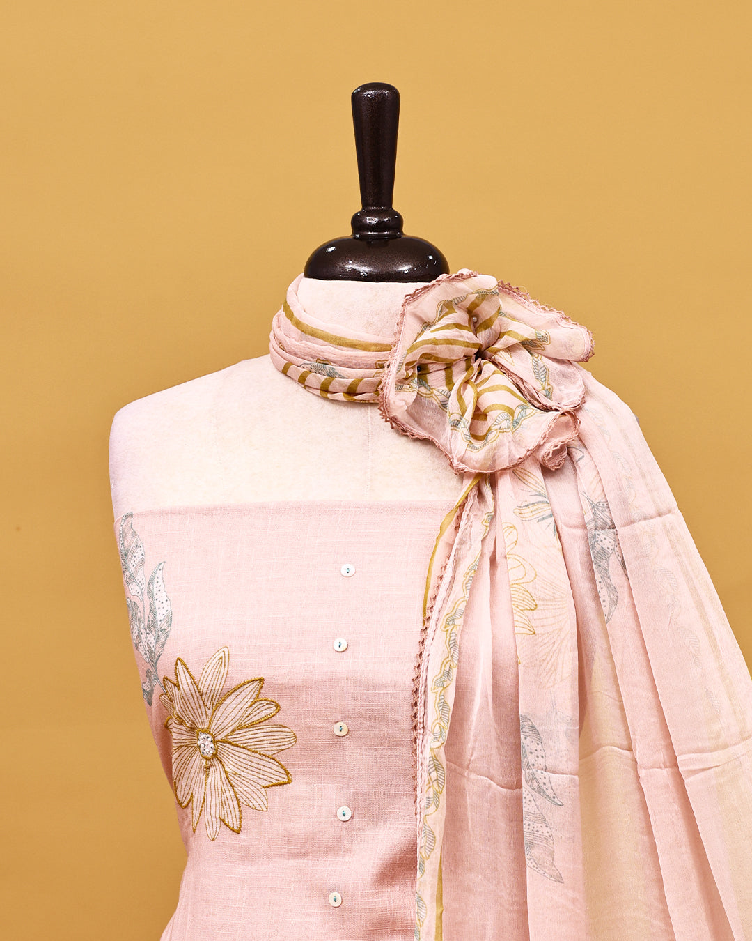 Light Pink colour Linen Salwar material with Thread With print work on body, matching bottom & Dupatta.