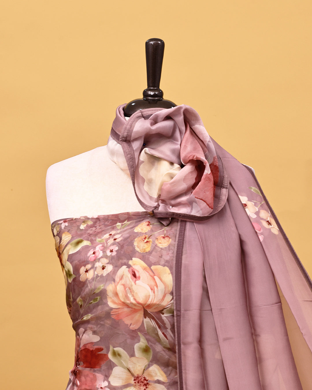 Purple grey colour Organza Salwar material with Floral print work on body, matching bottom & Dupatta.