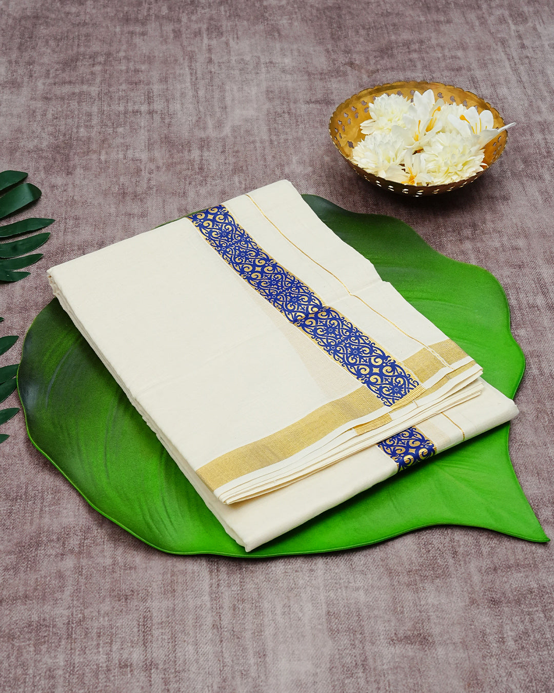Cream Coloured Cotton Double Dhoti Finished with Blue Colour Designed Printed Gold Kara