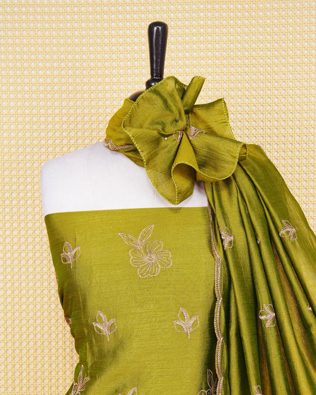 Olive Green Georgette Salwar material Featuring delicate Gold Thread and Beadwork Leaf Embroidery Motifs paired with a matching bottom & elegant Duptta