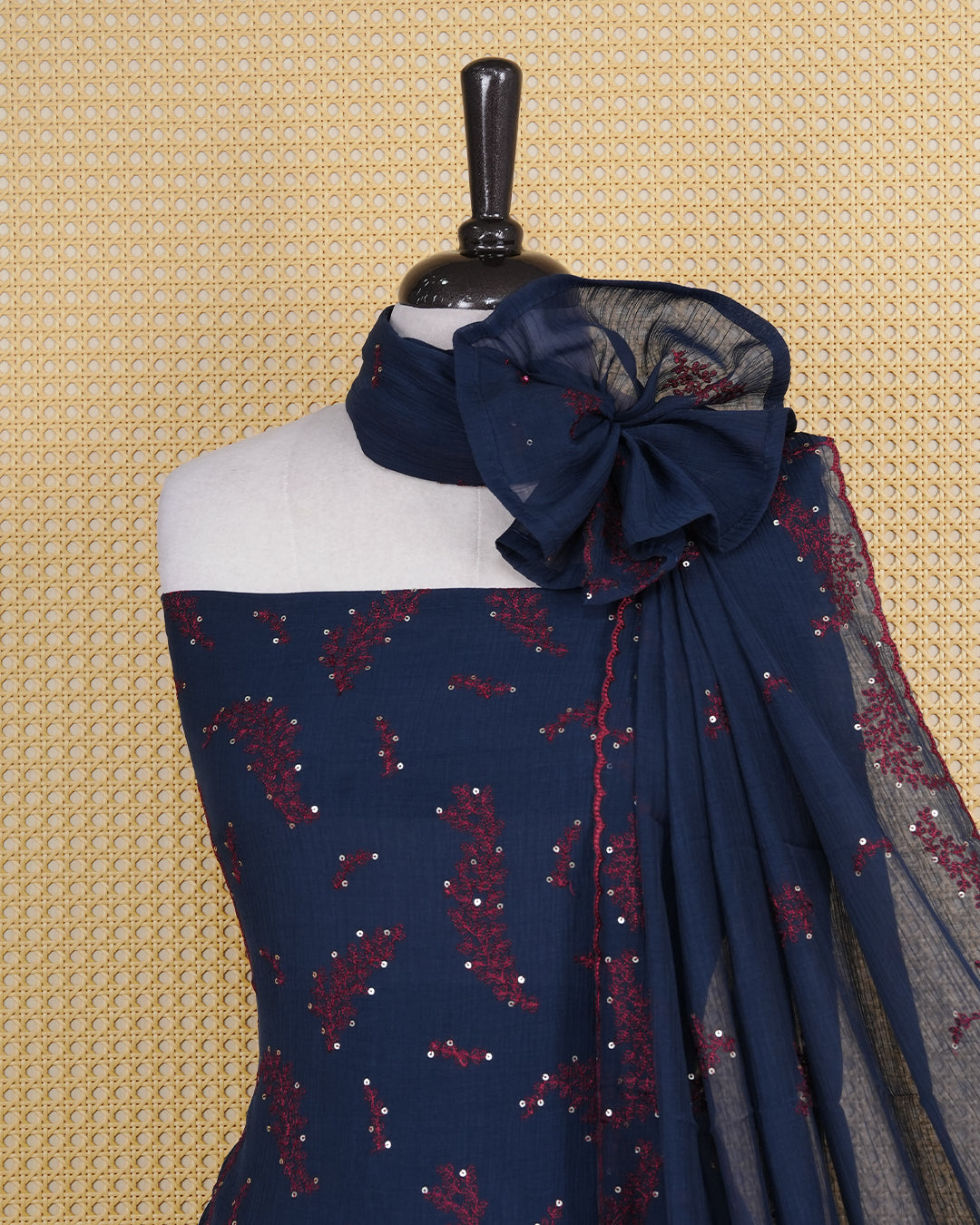 Dark Blue Colour Organza Salwar Material Featuring Thread and Mirorr Work on body, Paired With Matching Bottom & Elegant Dupatta