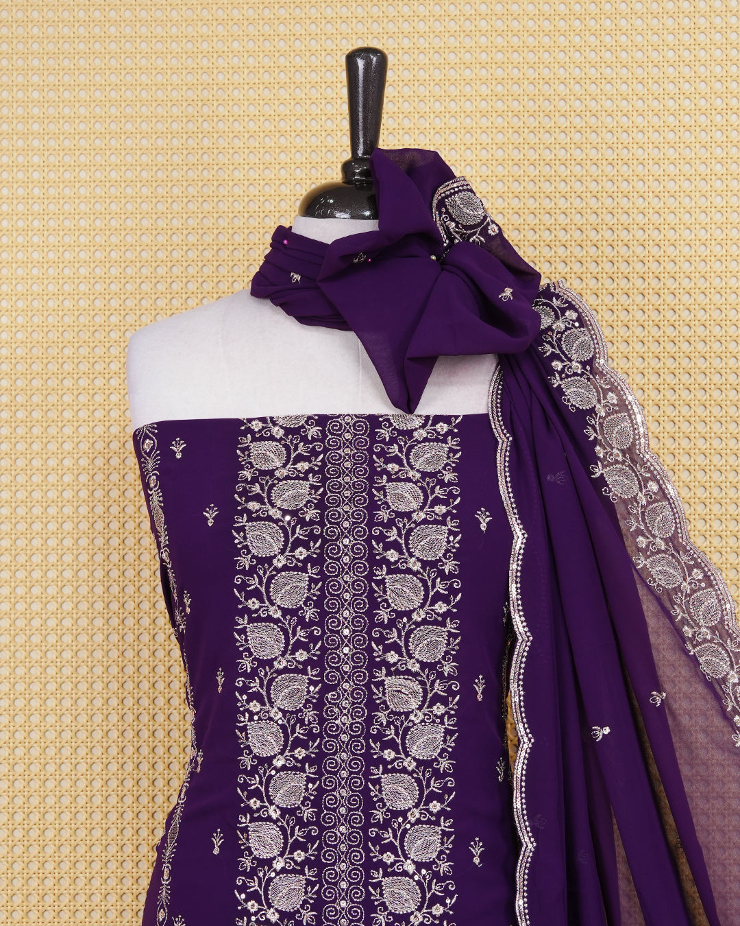 Violet colour Georgget Salwar Material Featuring Gold Thread Work on body, paired with matching Bottom & Elegant Dupatta.
