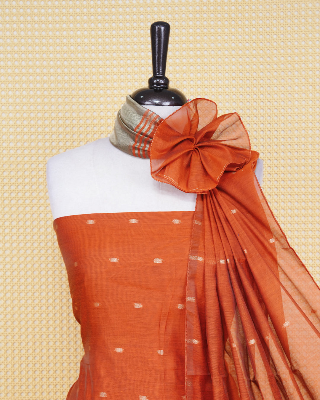 Bunt Orange Colour Mul Chanderi Salwar Material Featuring Gold Zari Buttas on body, Paired With Matching Mottom & Elegant Dupatta