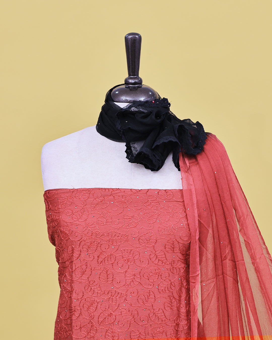 Maroon & black half dye design colour Salwar material with thread pattern on body, matching bottom & Dupatta.