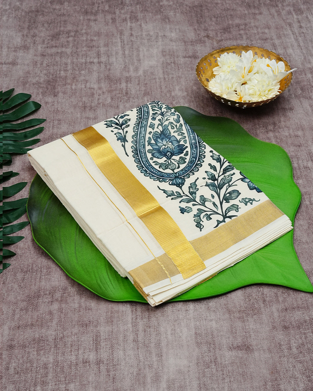 Cream Coloured Cotton Double Dhoti Finished Floral Prints & Gold Kara