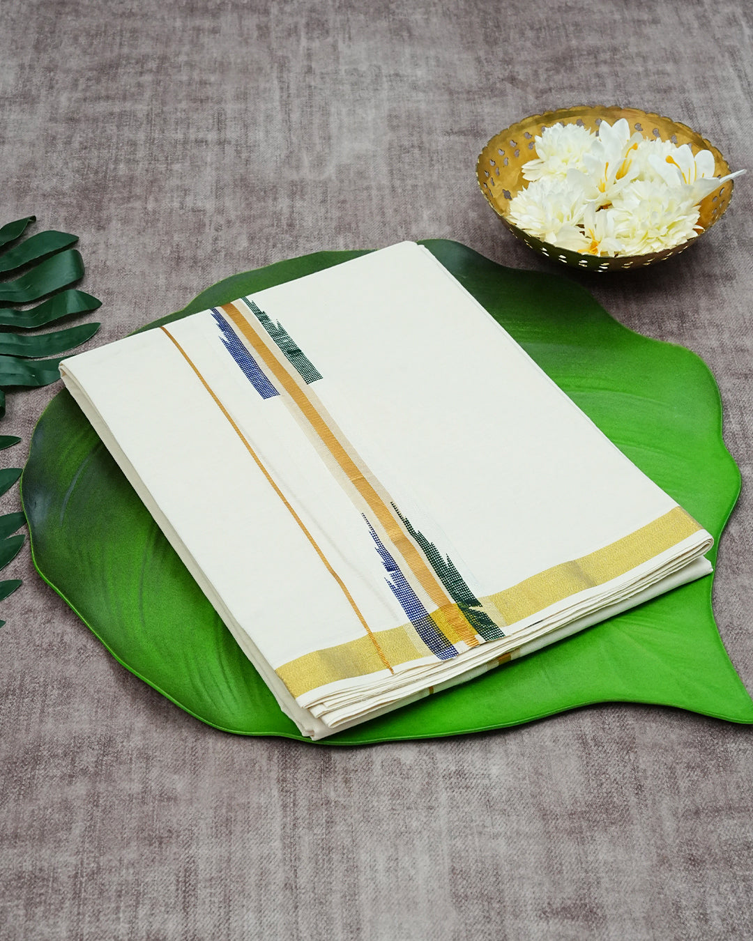 Cream Coloured Cotton Double Dhoti Finished with Temple Prints & Minimal Gold Kara