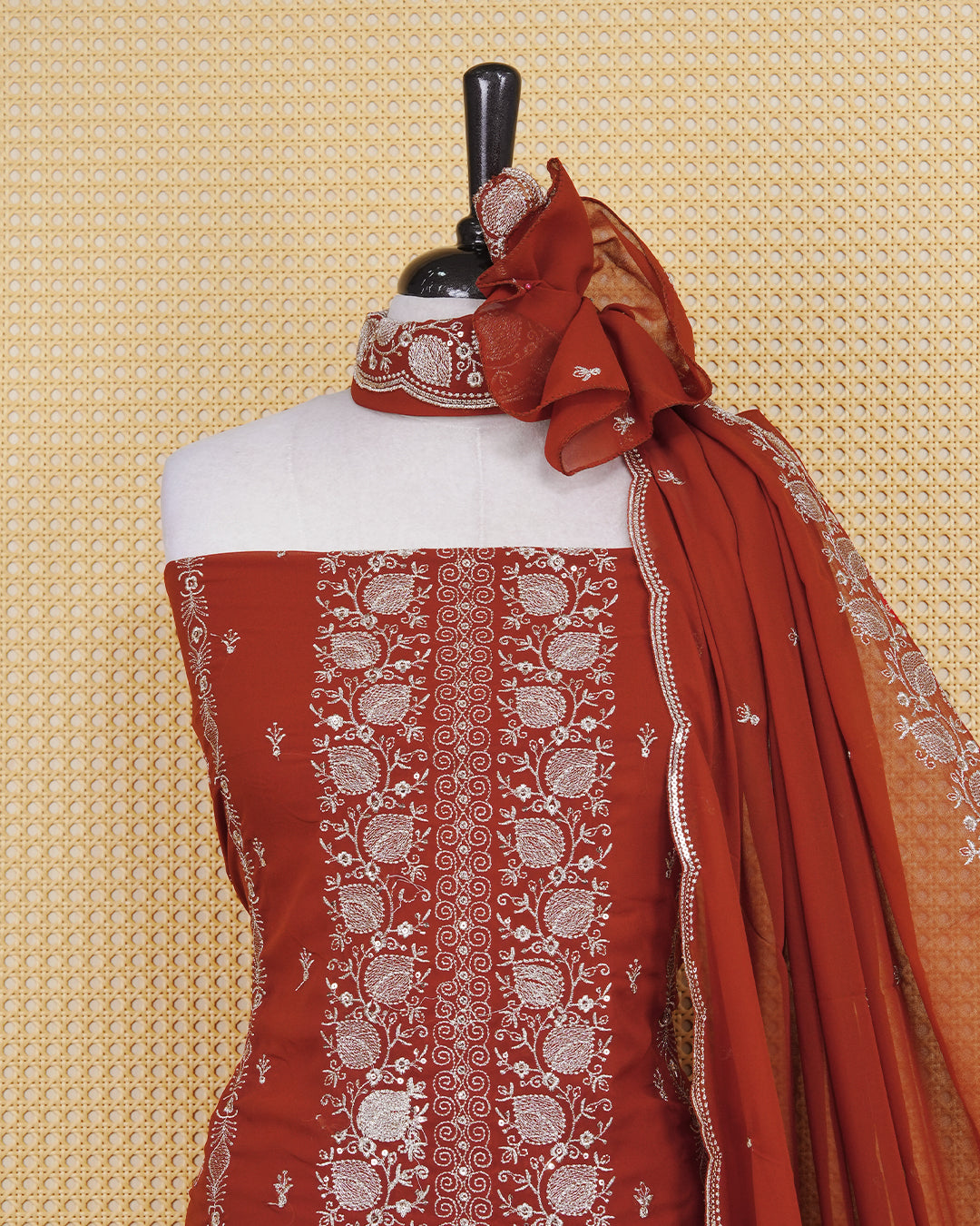 Brown Colour Georgette Salwar Material Featuring Gold Thread Work on body, Paired With Matching Bottom & Elegant Dupatta