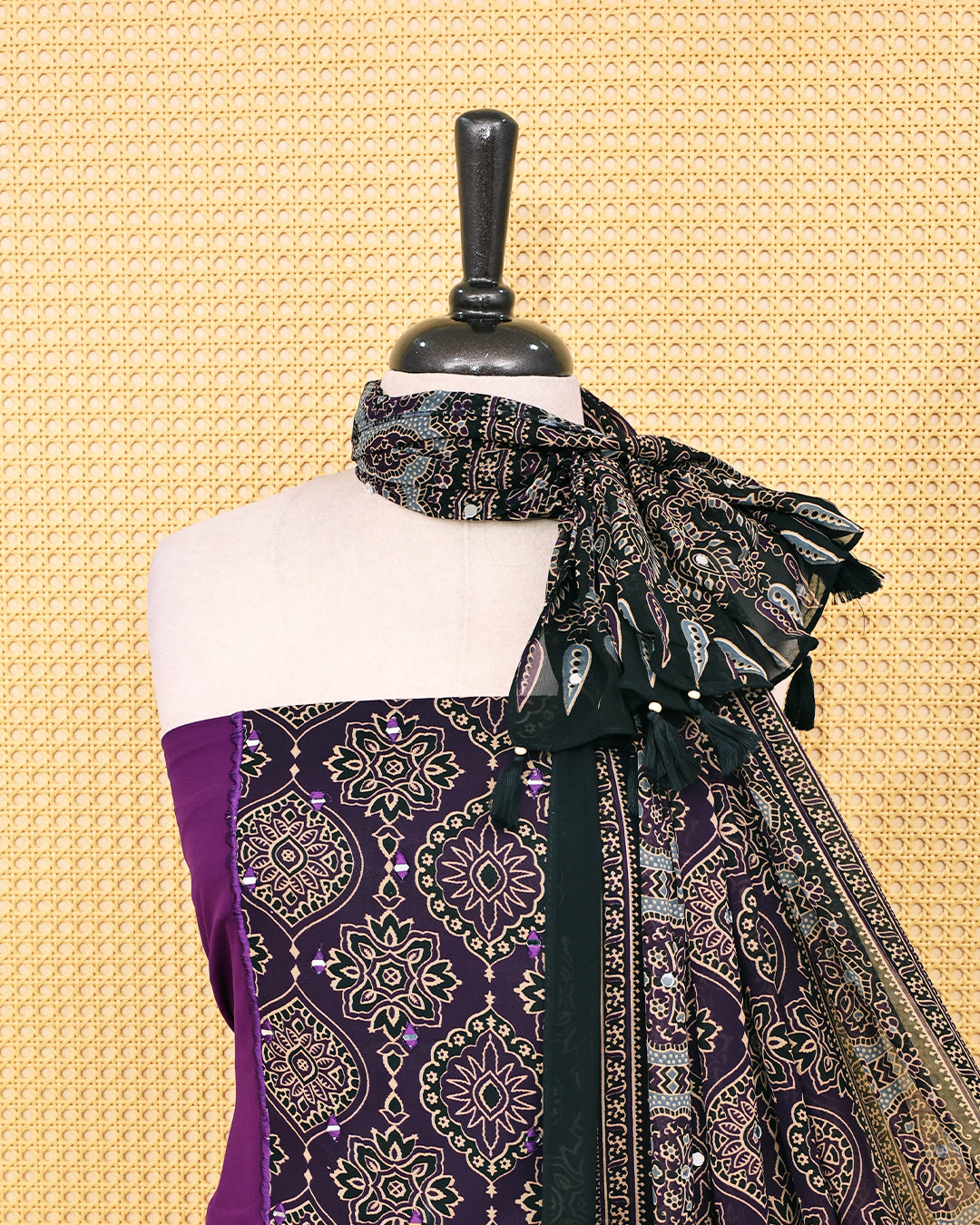 Violet colour Georgette Salwar material featuring Mirror with Design print work on body, paired with matching bottom & Dupatta.