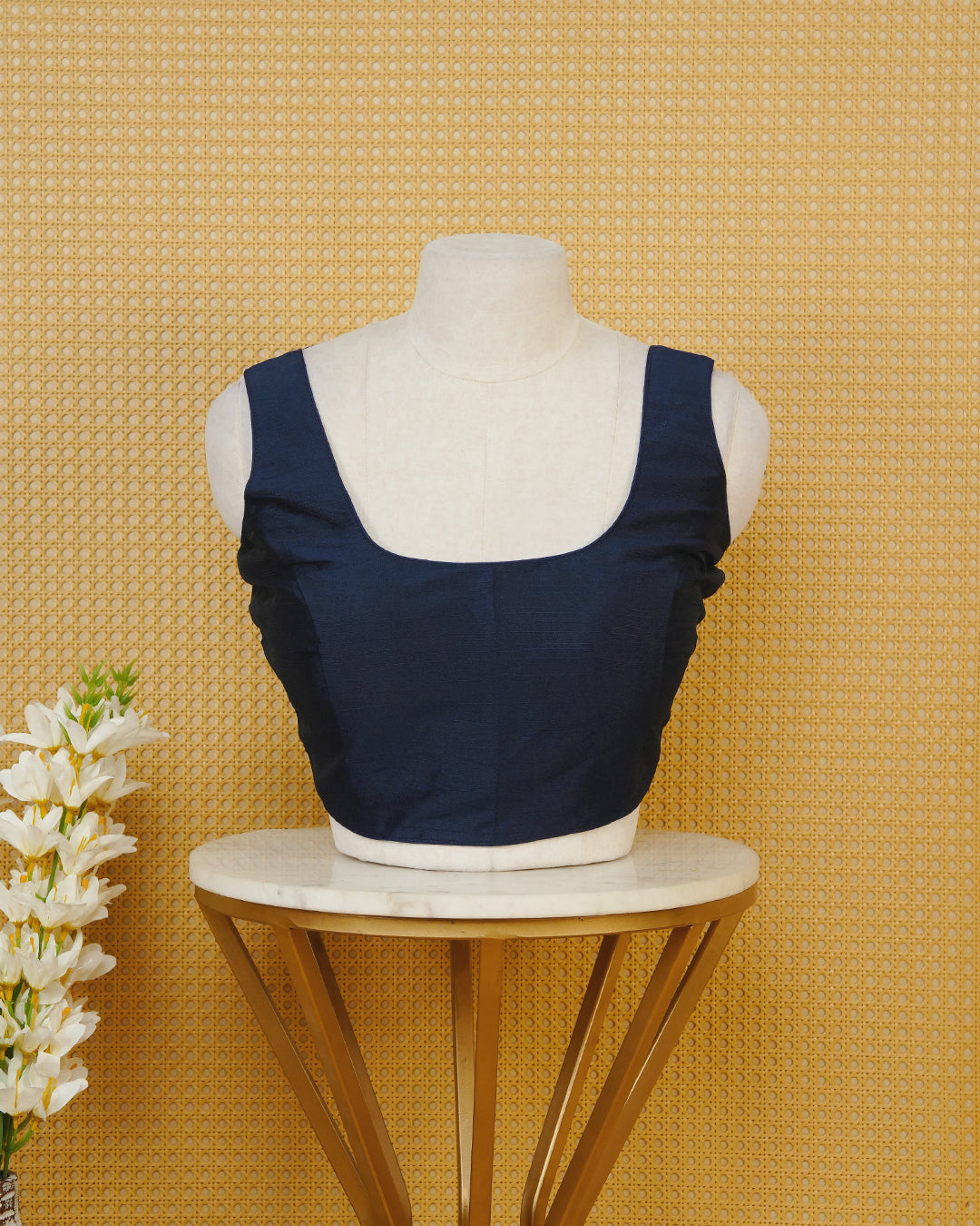 Navy Blue Colour Plain Blouse Featuring A Classic U Neckline, Sleeveless Design, And A Simple, Clean Finish.