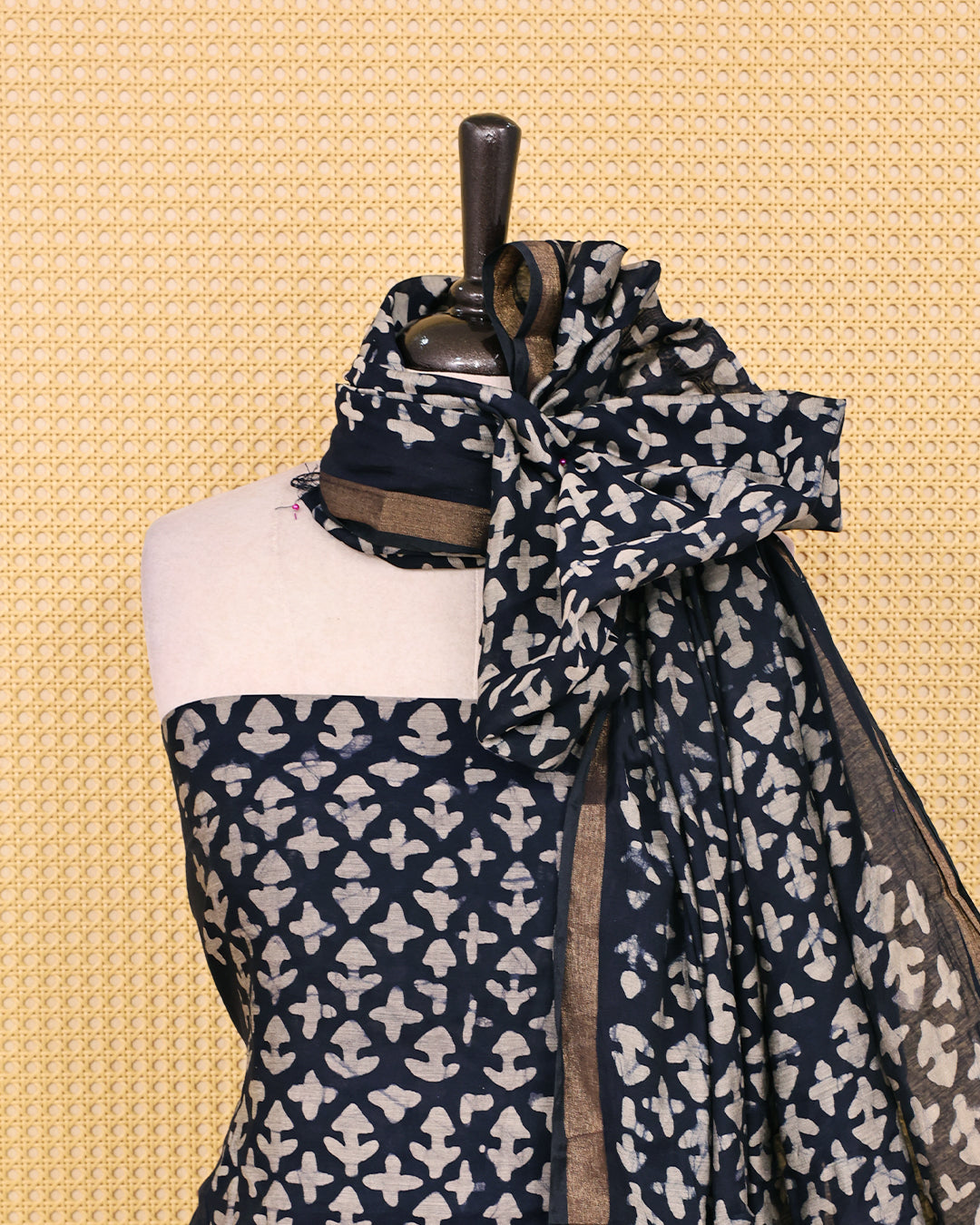 Navy Blue colour chanderi Salwar material Floral print on body, paired with matching bottom & Dupatta.