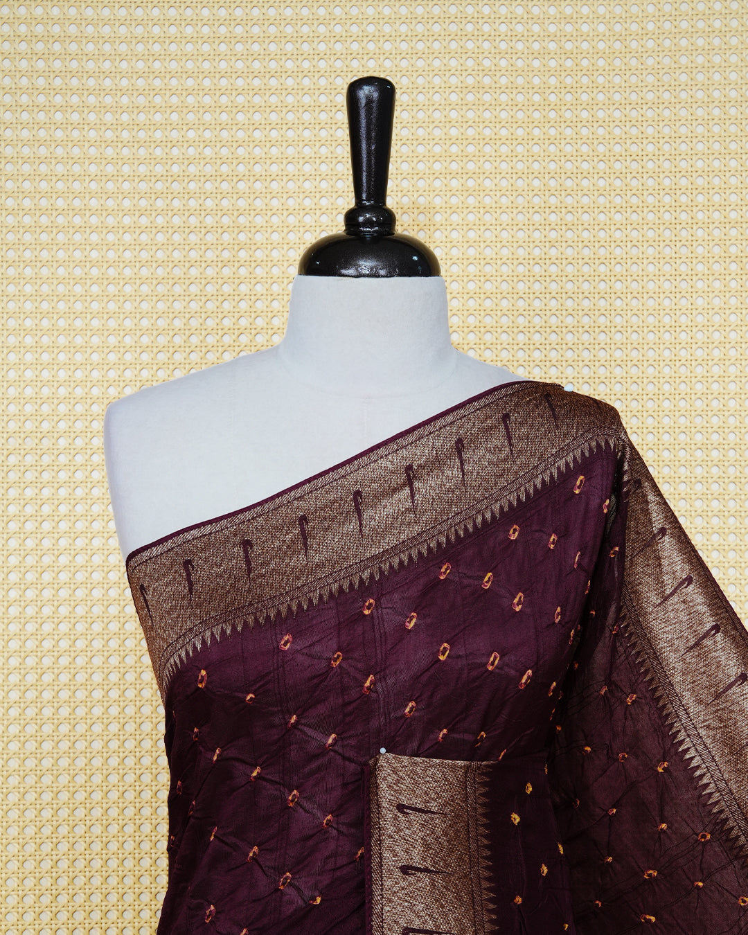 Burgundy Colour banaras bandhani saree