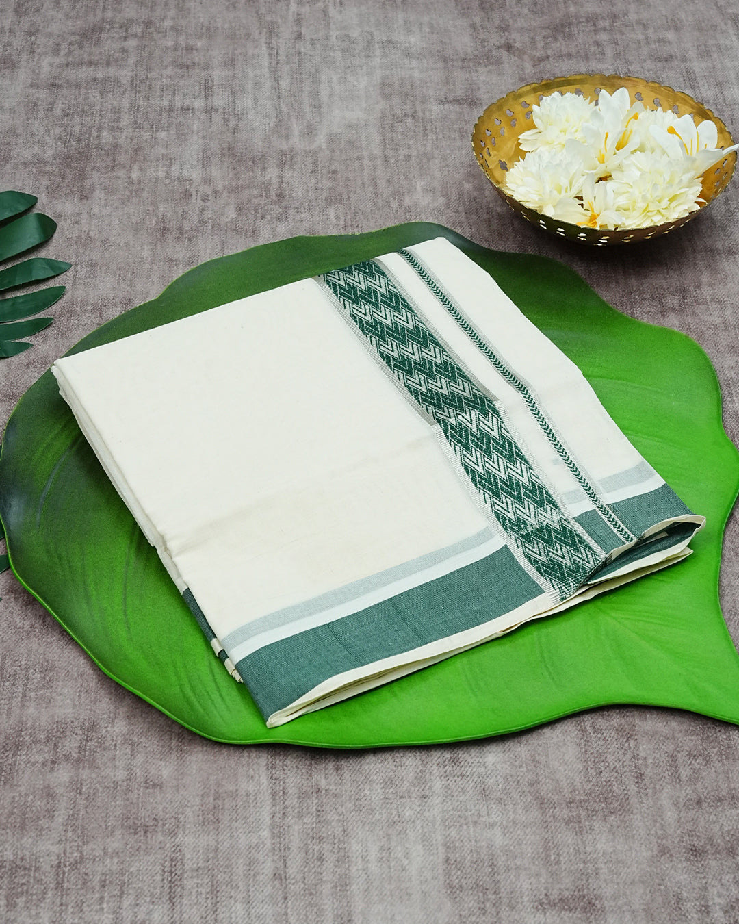 Cream Coloured Cotton Double Dhoti Finished with Black Temple Printed Silver Kara
