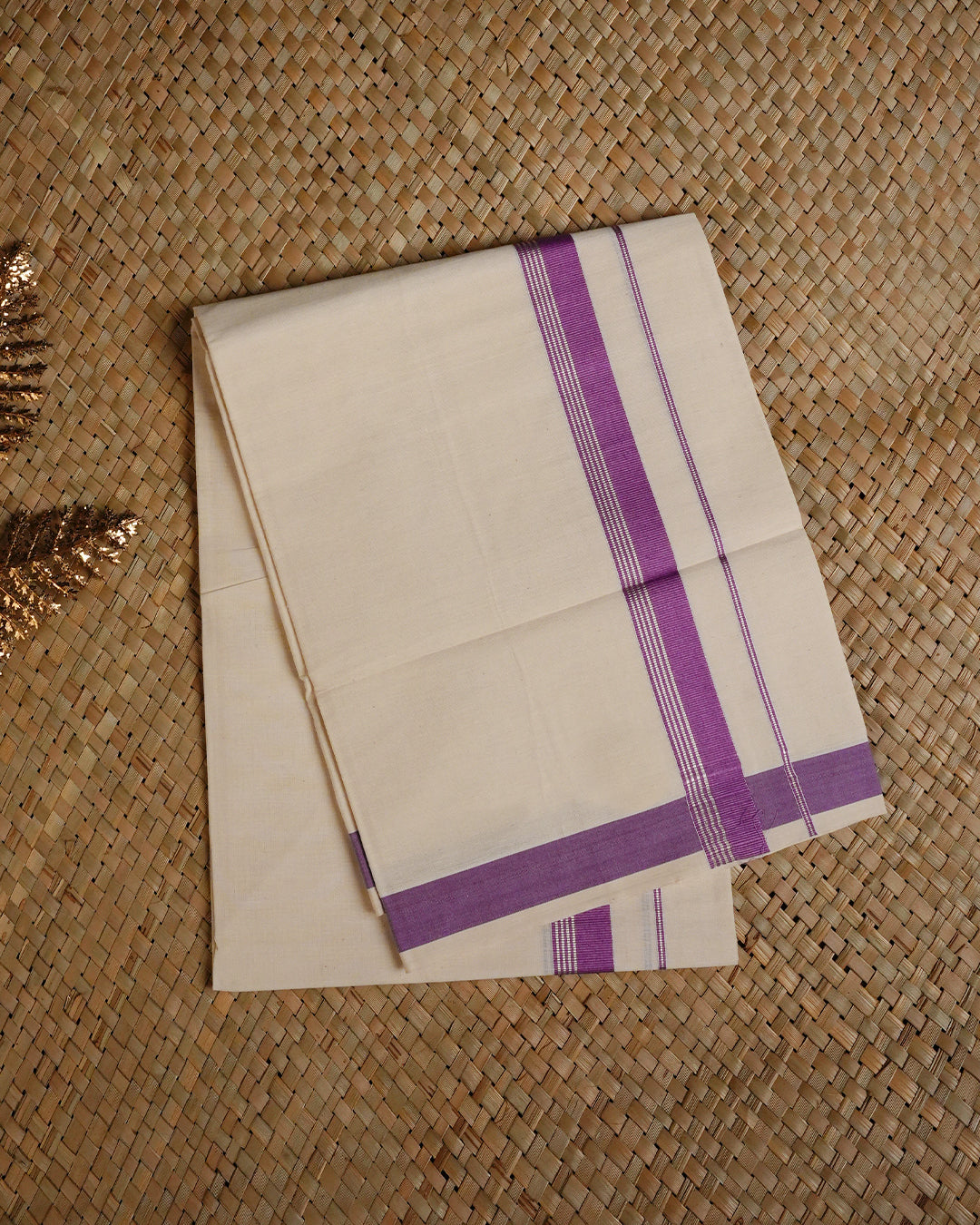 Cream colour cotton Single dhoti featuring Purple with gold border