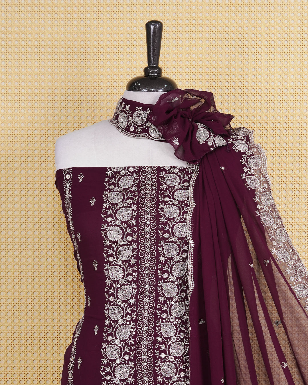 Burgundy colour Georgette Salwar Material Featuring Gold Thread Work on body, paired with matching Bottom & Elegant Dupatta.