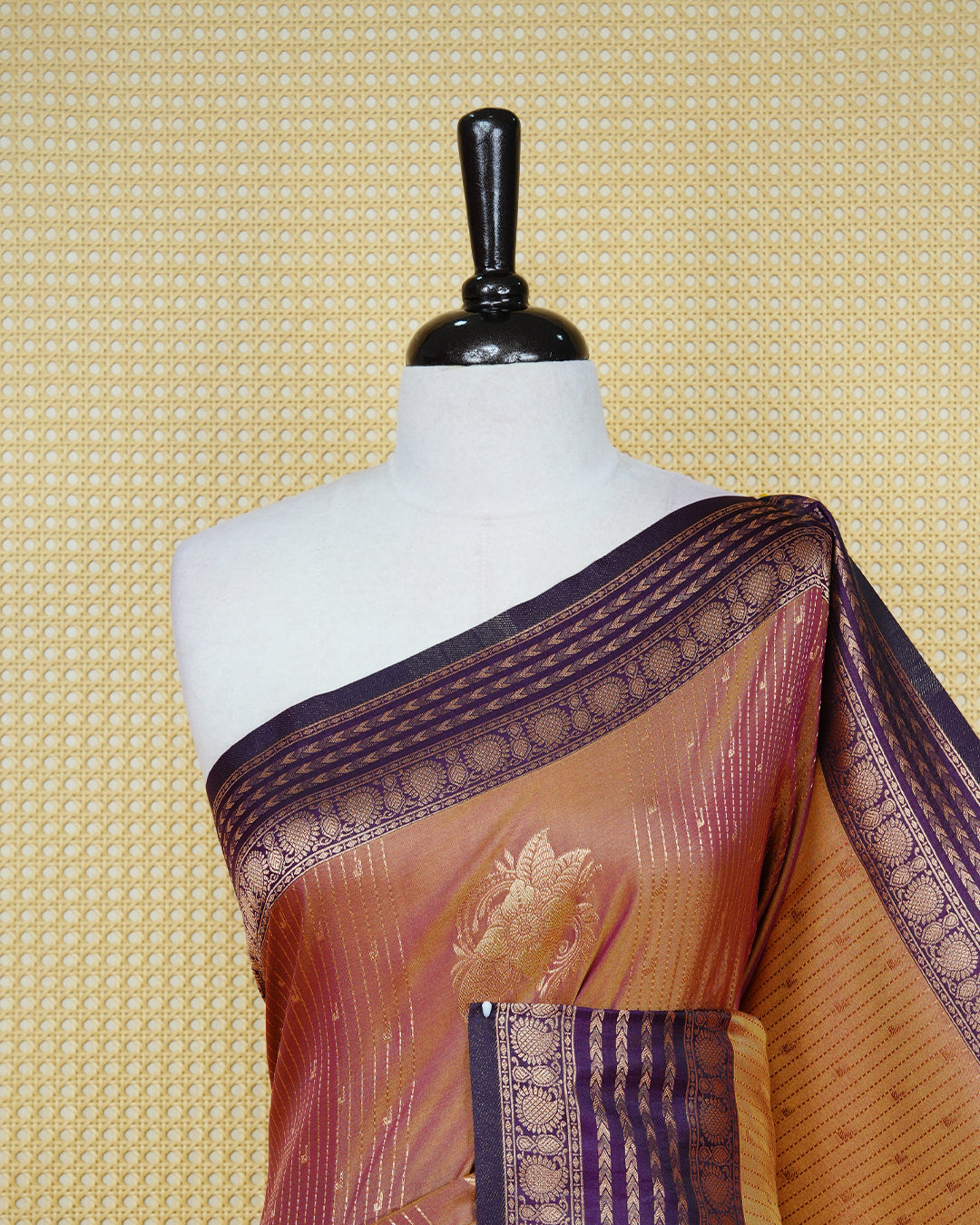 Sandal & gold double shade Mulberry silk saree featuring gold floral zari patterns on body , paired with contrast deep purple colour with traditional border, comes with matching blouse piece.