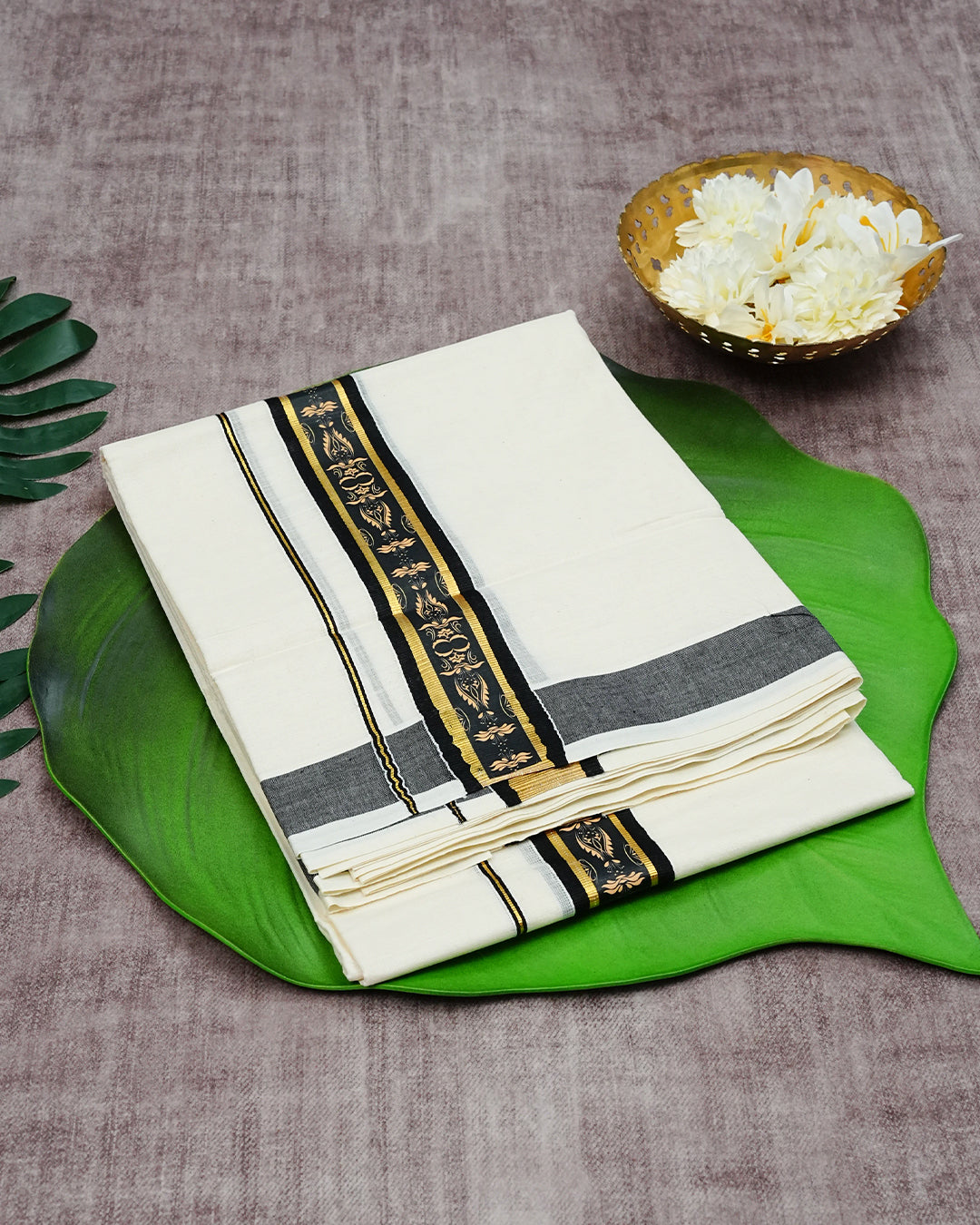 Cream Coloured Cotton Double Dhoti Finished with Cream Design Prints on Black & Gold Kara