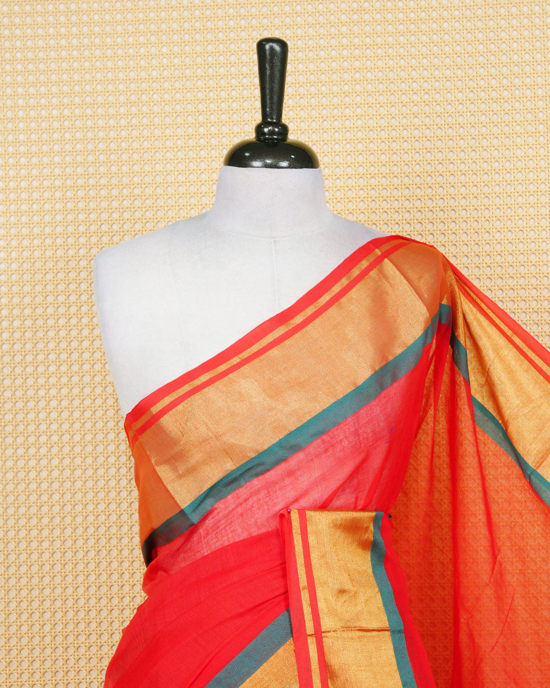Red colour mul cotton Saree