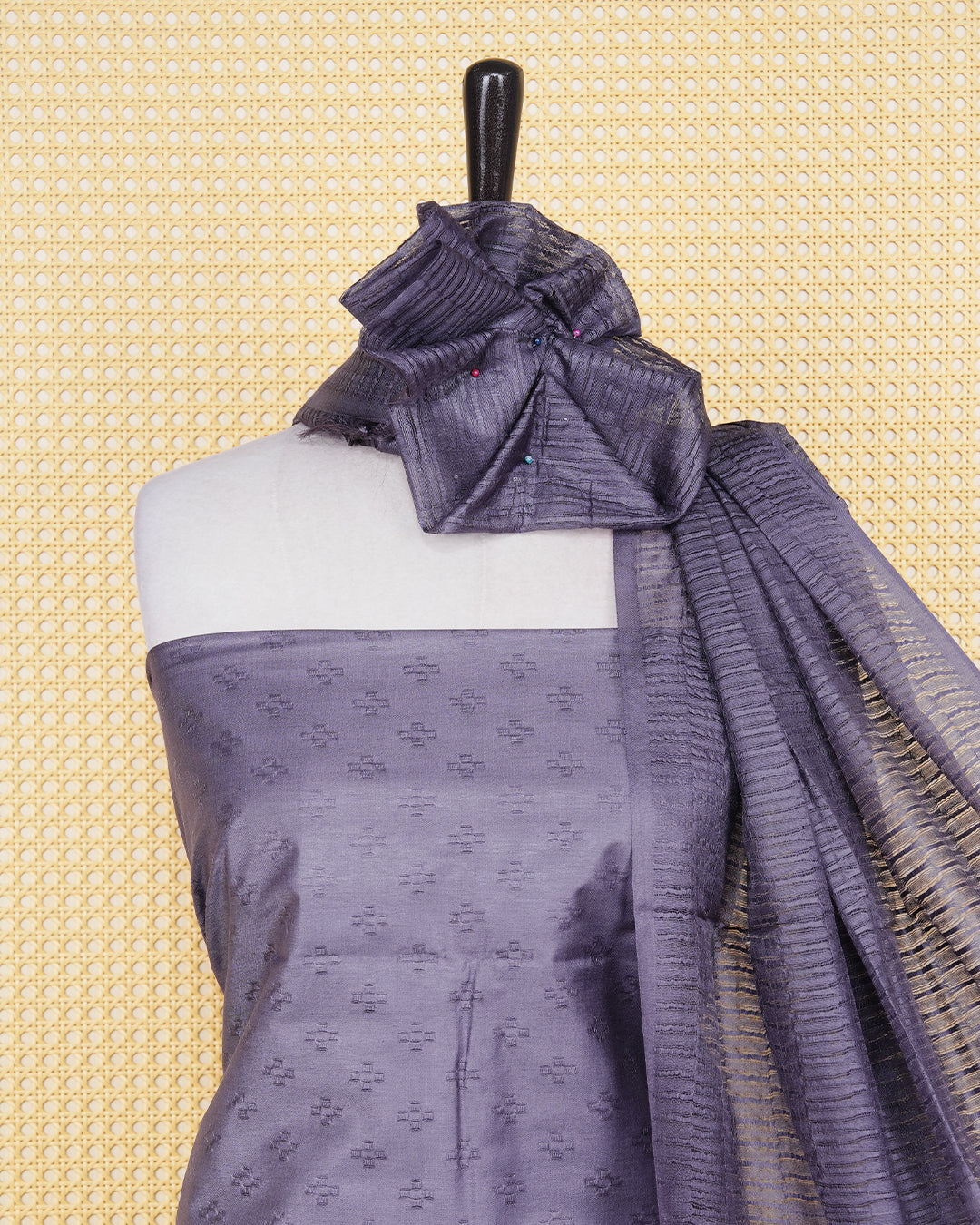 Deep Purple Woven Jacquard Salwar Material Featurs a Subtle Self-Textered Patten Aborned With Shimmering Embossed Geomatric Cross Motifs With Matching Bottom & Elegant Dupatta