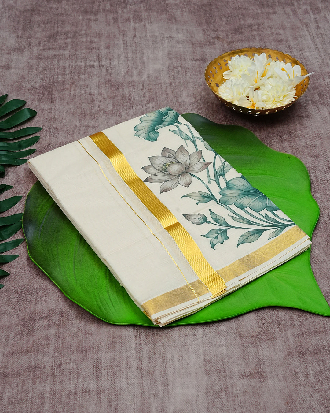 Cream Coloured Cotton Double Dhoti Finished Floral Prints & Gold Kara