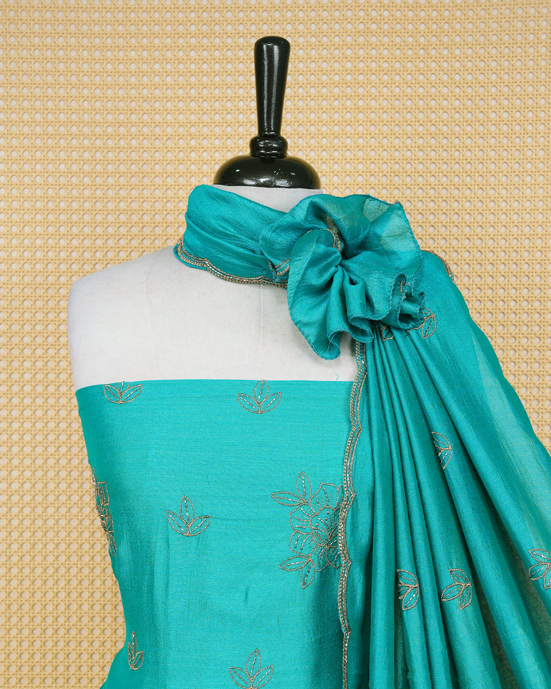 Teal Blue Georgette Salwar Material Features an Elagent Floral Emproidary Pattern Aborned With Shimmering Metallic Gold Thread and Beadwork, paired with matching bottom & elegant Duptta