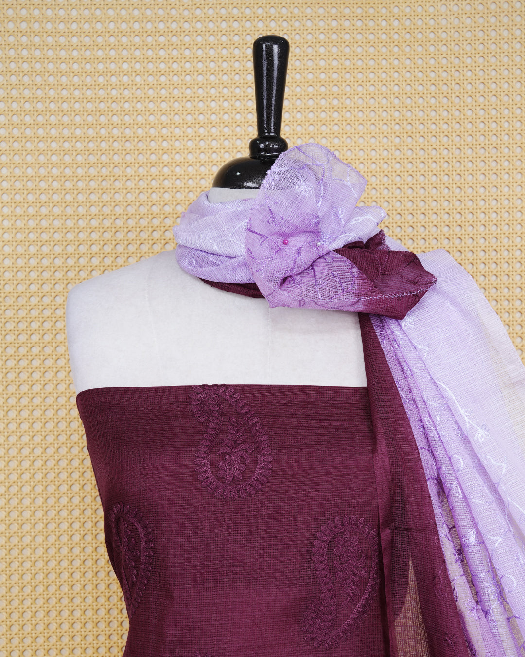 Wine & purple Colour Net Kota Material Featuring Floral Thread Pattern on Body, Paired with Matching Bottom & Elegant Dupatta