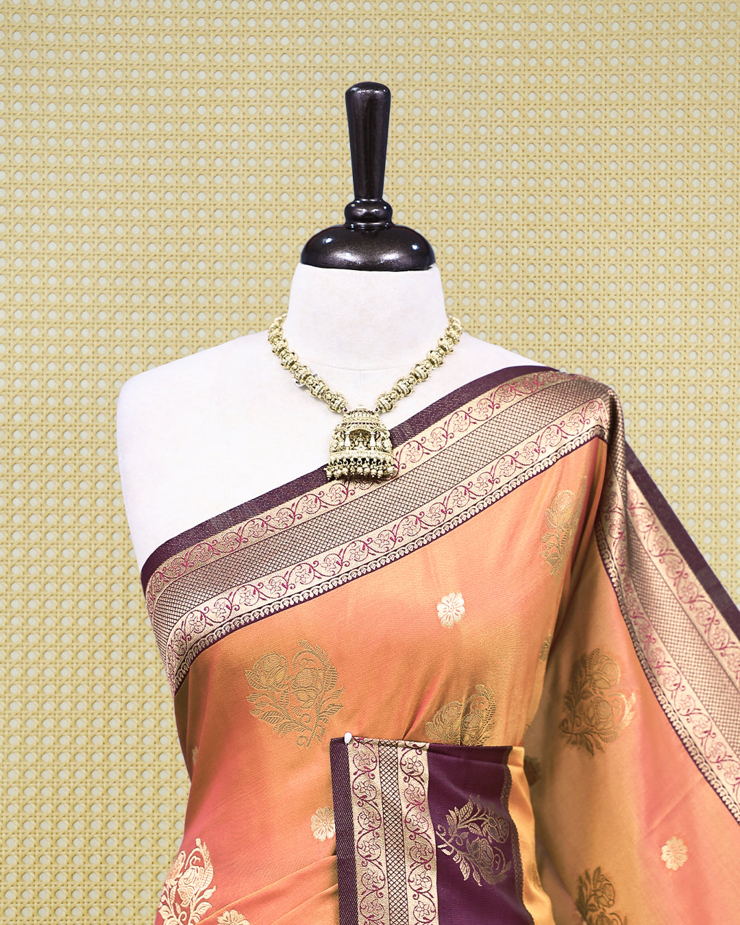 Copper & gold double shade Mulberry silk saree featuring floral gold zari patterns on body, paired with contrast purple colour with traditional border, comes with matching blouse piece.