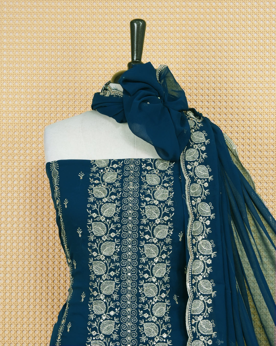 Teal Blue colour Georgette Salwar Material Featuring Gold Thread Work on body, paired with matching Bottom & Elegant Dupatta.