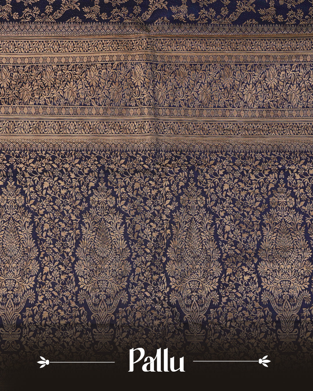 Navy Blue colour semi wedding saree featuring gold zari Floral kodi Pattern on body, contrast Self colour with traditional border, paired with matching blouse piece.