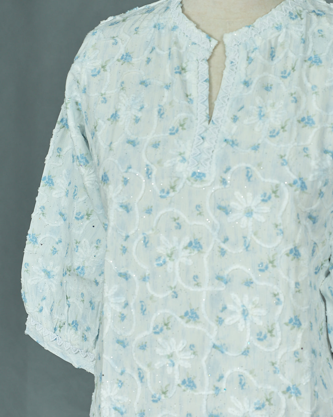Light Blue colour Thread work on body, Round with Slit neck design, With sleeve.