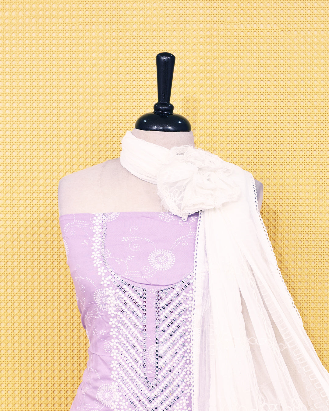Lavender colour Cotton Salwar material on thread & sequin with Print work on body, paired with matching bottom & Dupatta.
