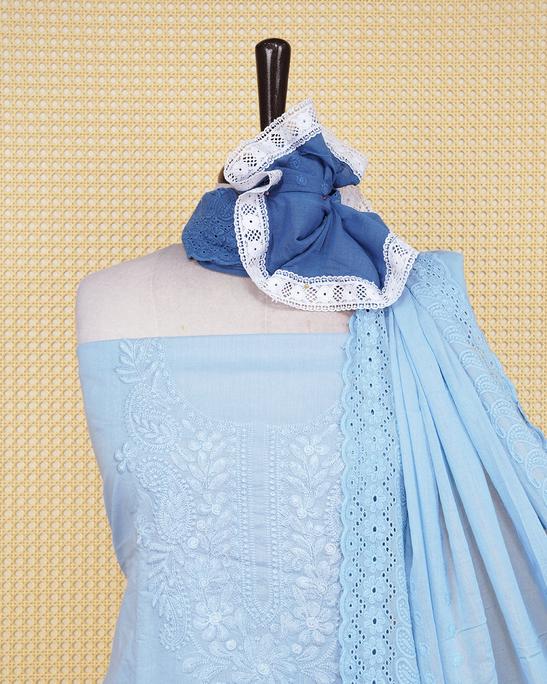 Sky Blue & Dark Blue colour half & half Cotton Salwar material featuring an elegant Floral Chikankari Work on the body, paired with a matching bottom and an elegant dupatta.