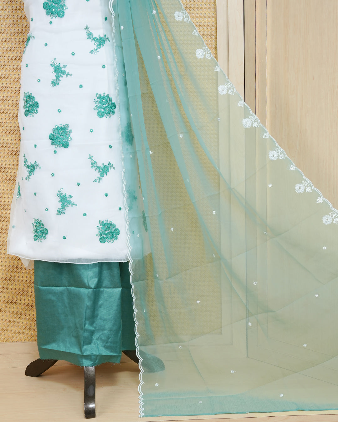 White Colour Organza Salwar Material Featuring Green Thread Work with sequins on body, Paired With Matching Bottom & Elegant Dupatta