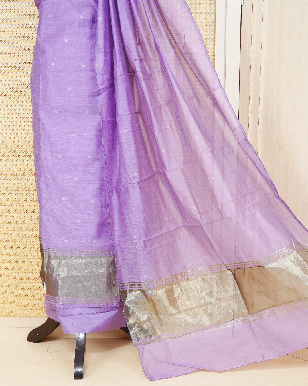 Dusty Lavender Colour Mul Chanderi Salwar Material Featuring Gold Zari Buttas on body, Paired With Matching Bottom & Elegant Dupatta