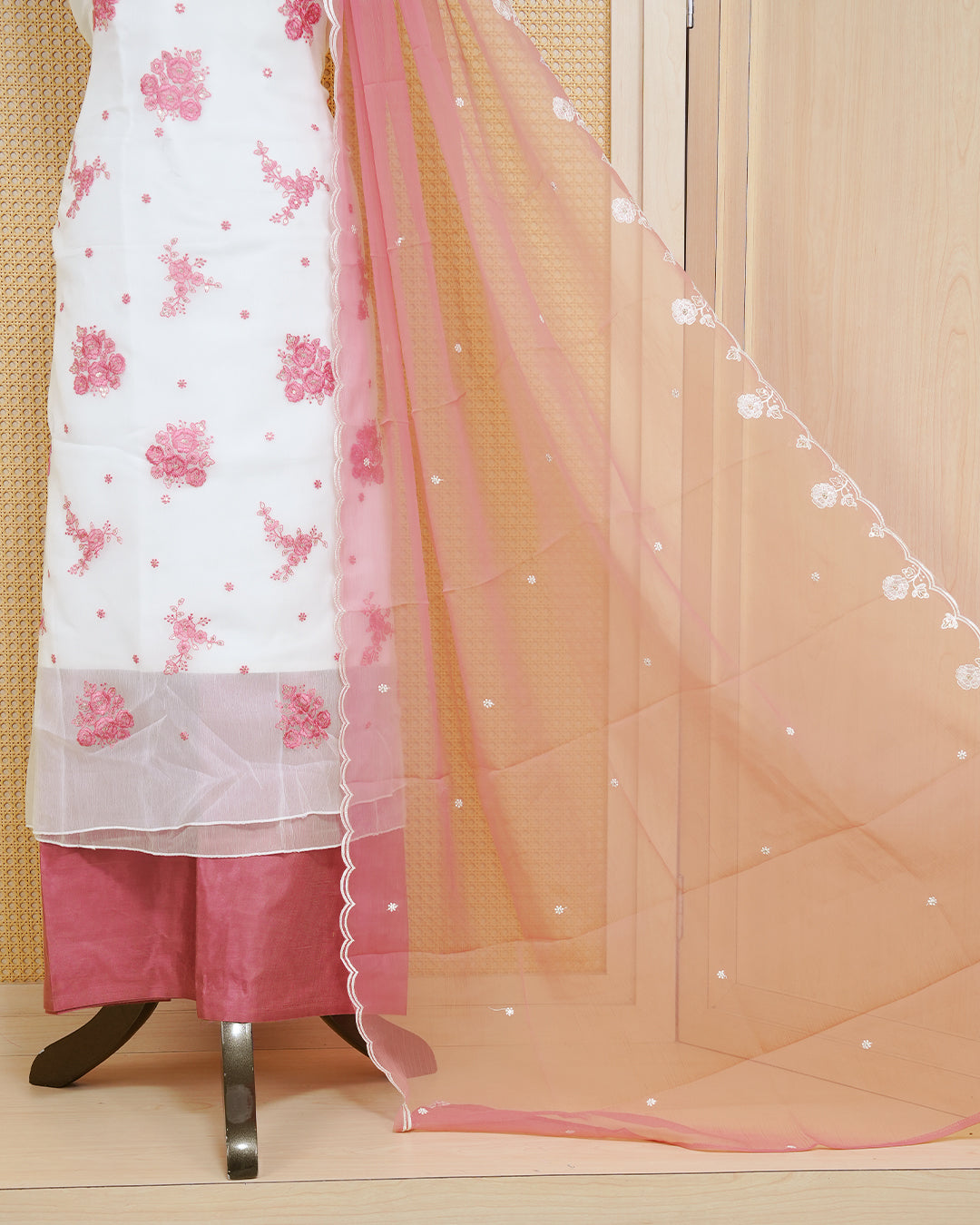 White Colour Organza Salwar Material Featuring Pink Thread Work with sequins on body, Paired With Matching Bottom & Elegant Dupatta