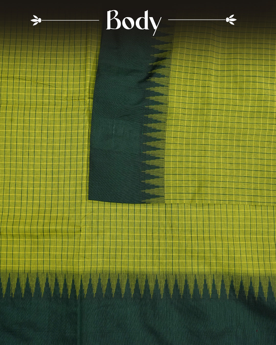Green colour kalyani cotton saree featuring check pattern on body, complemented by Dark Green colour with Antique zari border, paired with matching blouse piece