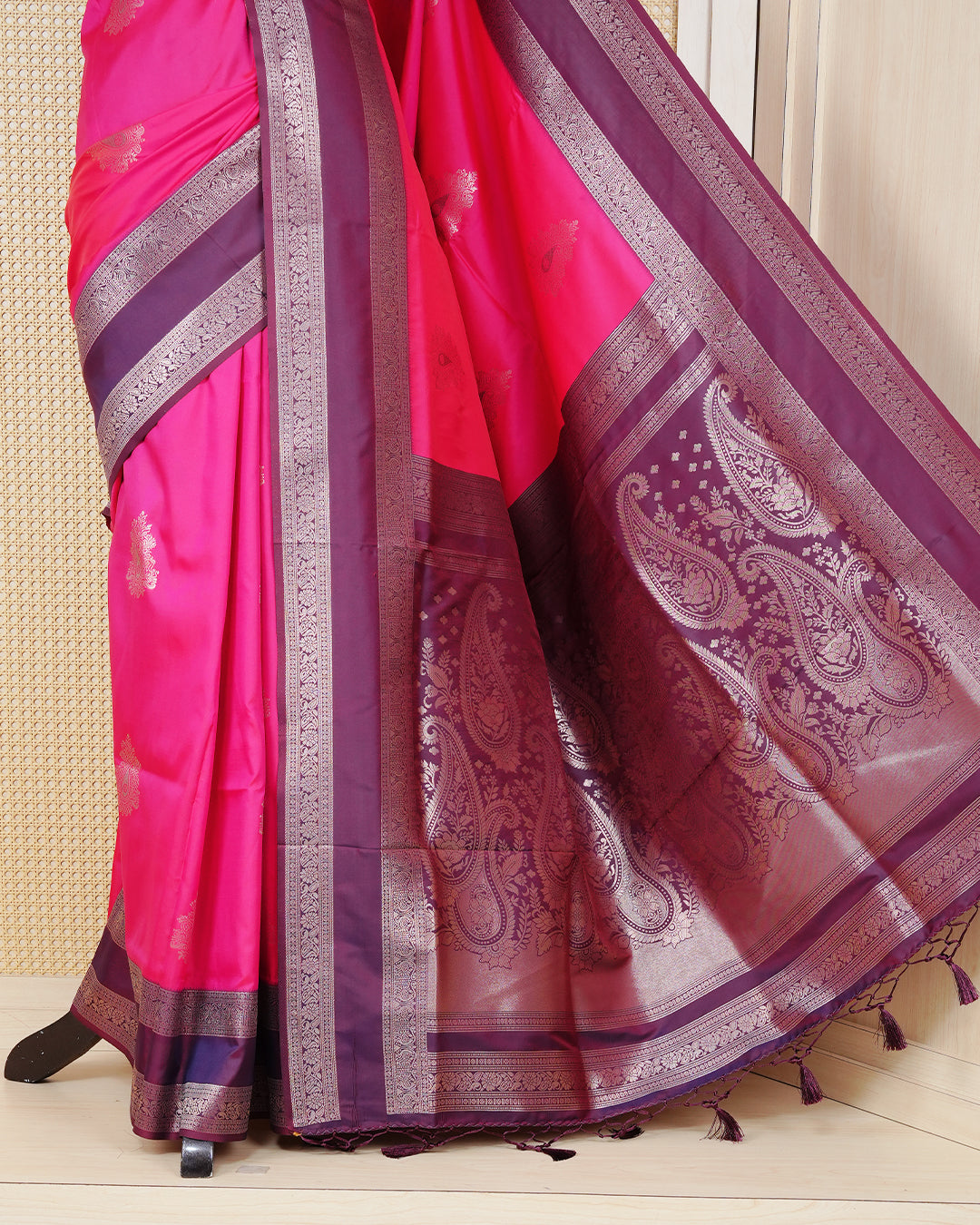 Bright pink colour soft silk saree