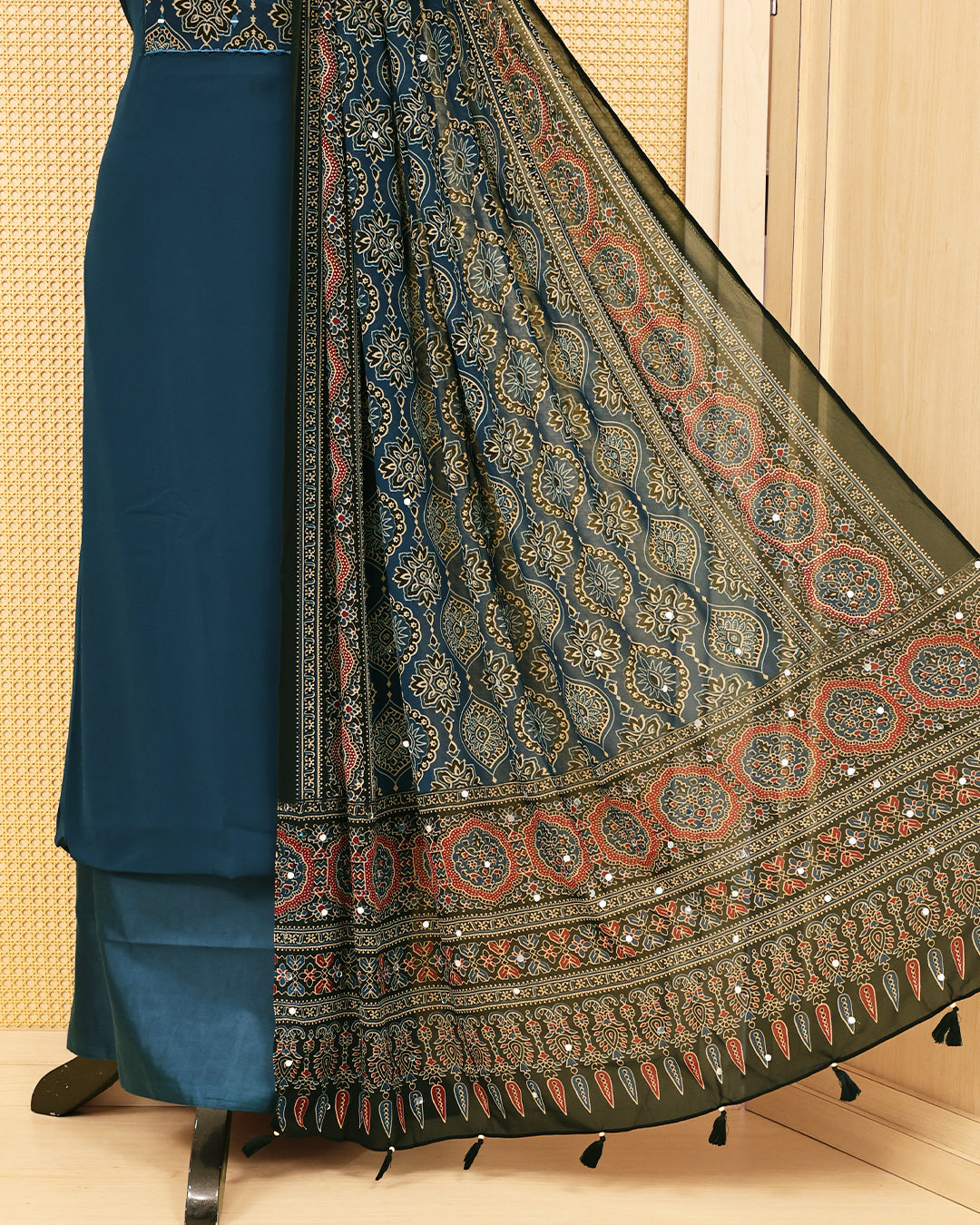 Blue colour Georgette Salwar material featuring Mirror with Design print work on body, paired with matching bottom & Dupatta.