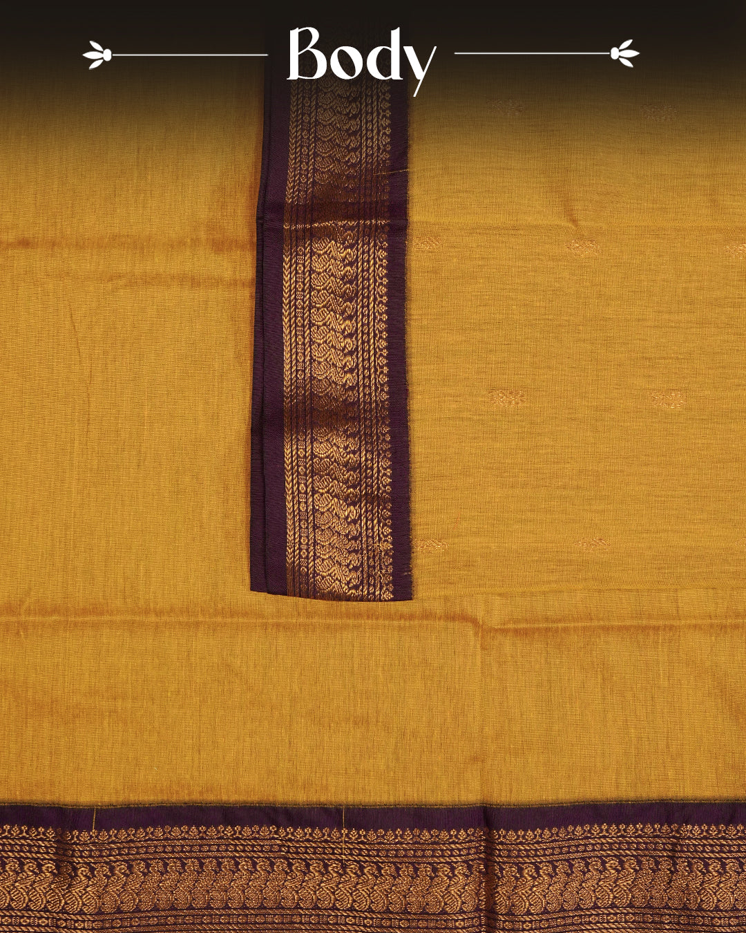 Mustard Yellow Colour Kalyani cotton saree featuring delicate antique zari floral butta motifs on the body, complemented by a Purple contrast pallu with a rich antique zari peacock border, paired with a matching blouse piece.