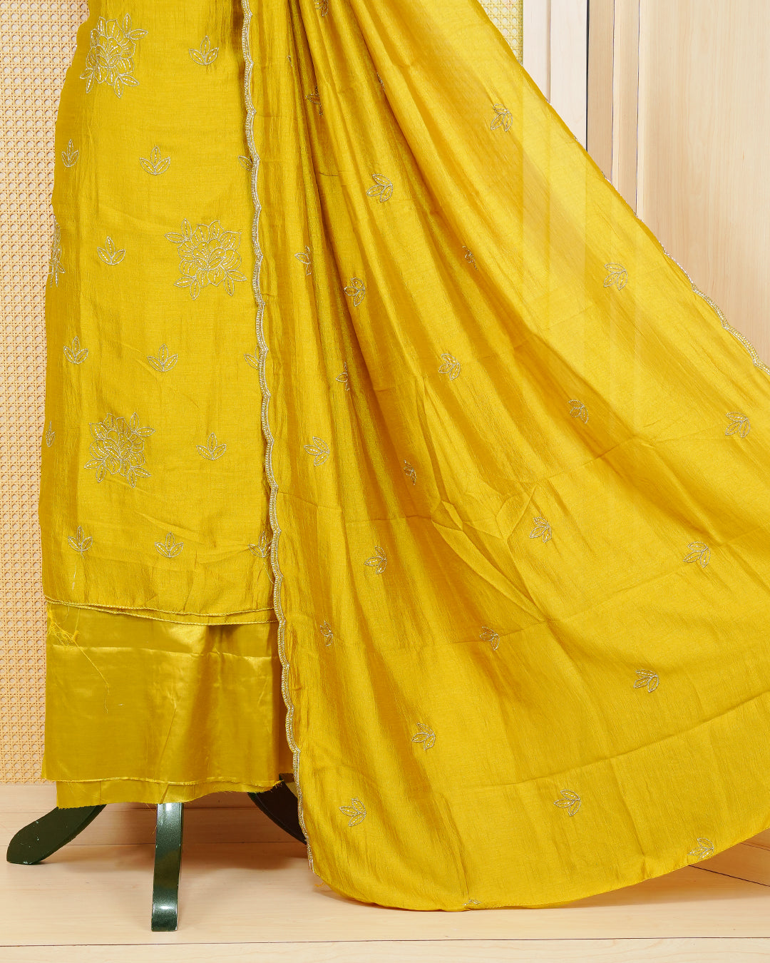 Mustard Yellow Georgette Salwar Matirial Features an Elegant Floral Embroidary Pattern Aborned With Shimmering metali Gold Thread Bead Work, Paired with matching bottom & elegant Dupatta